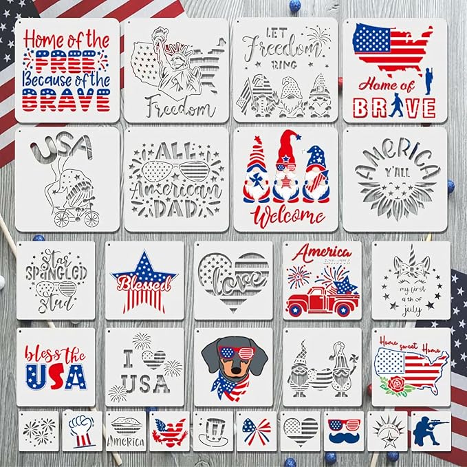 Patriotic Stencils for Painting, 28PCS Independence Day Templates Multi-Size Set (8x8, 6x6, 3x3) Clear PET Plastic with American Flag Patterns for Home Decor, Party Decorations and DIY Crafts