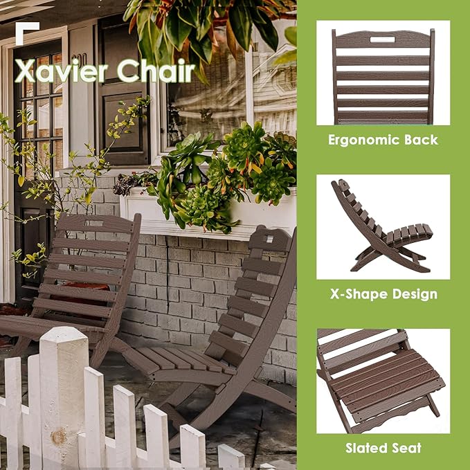 GREENVINES Folding-Xavier-Chairs Set of 2 | Wave | Wood Grain | Dark Brown | Portable Adirondack-Chair | HDPE Plastic | All Weather Fire-Pit Chair | for Beach Outdoor Deck Poolside Garden Patio