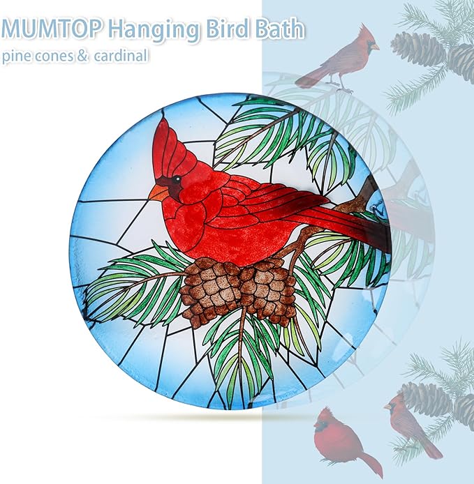 MUMTOP Hanging Bird Baths for Outdoors - Glass Bird Bath, 11 Inch Hanging Bird Bath Cardinal Bird Feeder Bowl for Outside, Garden, Lawn Yard Decor(Blue)