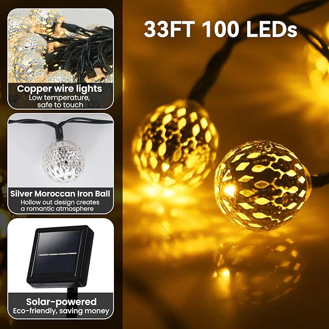 33FT 100LED Solar String Lights Outdoor Waterproof,Globe Solar Fairy Lights Outdoor with 8 Modes,Moroccan String Lights Solar Powered for Garden Yard Porch Wedding Party Decor (Warm White)