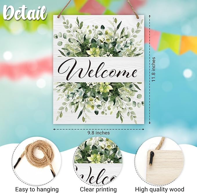 Spring Welcome Sign for Front Door, Welcome Door Sign Decor, Greenery Rectangle Wood Sign Hanger for Outdoor Farmhouse Garden Porch Home - C08