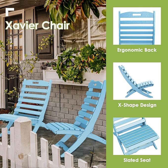 GREENVINES Folding-Xavier-Chairs Set of 4 | Wave | Portable Adirondack-Chair | HDPE Plastic | All Weather Fire-Pit Chair | Arctic | for Beach Outdoor Deck Poolside Garden Patio Porch Fishing