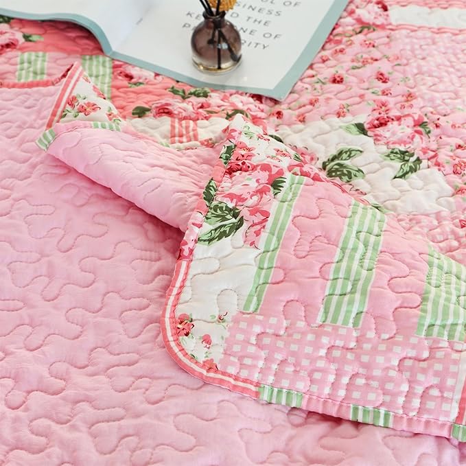 Cmfshape Floral Bedspread with 1 Pillow sham-Twin Size,Patchwork Pink Quilt Set 2 Piece,Summer Quilt for Girls Women,Lightweight Reversible Bed Coverlet for All Seasons(Twin68 x86 Pink)