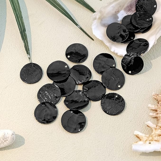 Firstmeet Shell Beads 150pcs Natural 15mm Flat Round Mussel Shell Coin Drop Charm Beads with Iridescent Back for Handcraft Jewelry Making(DIY-1023-Black-15)