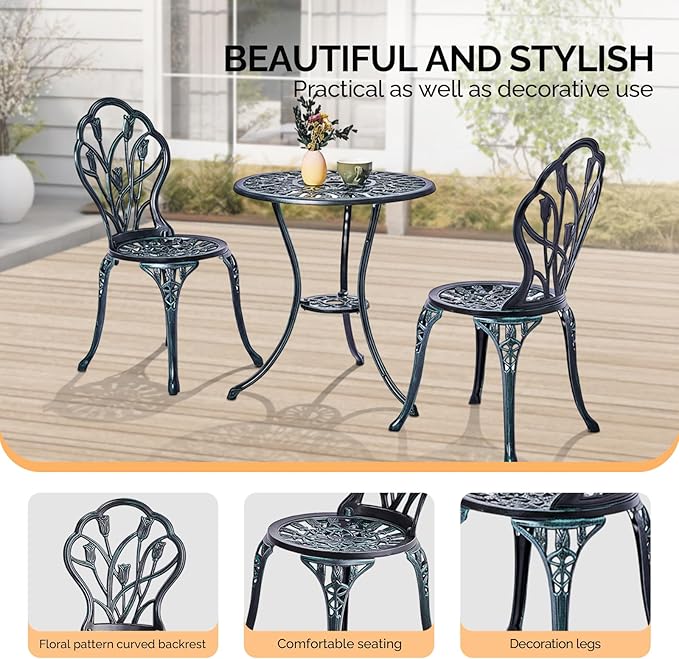 VINGLI 3 PCS Outdoor Bistro Set, Outdoor Patio Set, All-Weather Cast Aluminum Bistro Table Set, Bistro Table and Chairs Set of 2 for Backyard, Garden, Balcony (Green, Tulip)