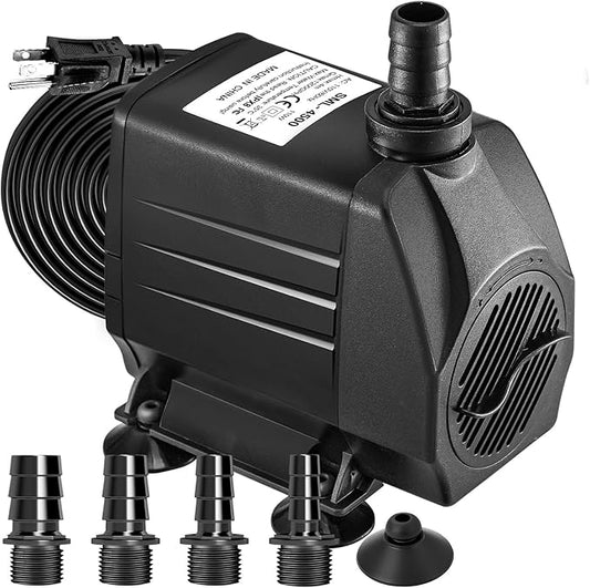 GROWNEER 1250GPH Submersible Pump 110W Fountain Water Pump 4700L/H, with 14.7ft High Lift, 4 Nozzles for Aquarium, Fish Tank, Pond, Hydroponics, Statuary, Garden, Black (1250GPH)