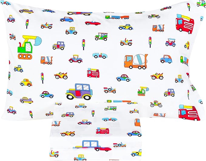 Scientific Sleep Little Cars Big Trucks Fire Cars Train Engineering Vehicle Cute Fun 100% Cotton Cozy Twin Bed Sheet Set, Flat Sheet & Fitted Sheet & Pillowcase Bedding Set