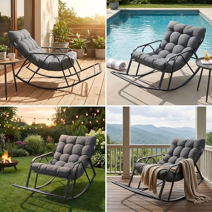IRONCK Patio Rocking Chair with Armrest and Footrest, Indoor Outdoor Rocking Chair with Cushion, Oversized Lounge Rocker for Garden, Living Room, Balcony, Porch, Gray