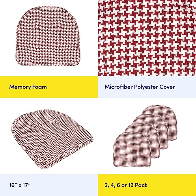 Sweet Home Collection Chair Cushion Memory Foam Pads Tufted Slip Non Skid Rubber Back U-Shaped 17" x 16" Seat Cover, 6 Pack, Houndsooth Red