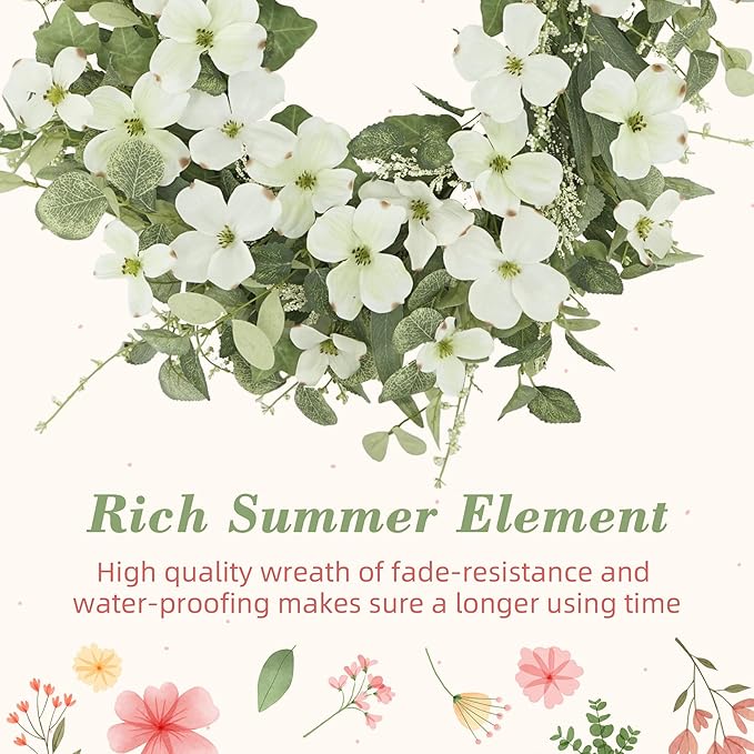YNYLCHMX 18" Spring Summer Wreaths for Front Door, Artificial Floral Wreath with White Phalaenopsis Green Eucalyptus Leaves, Green Foliage Wreath for Wall Window Farmhouse Party Holiday Home Decor