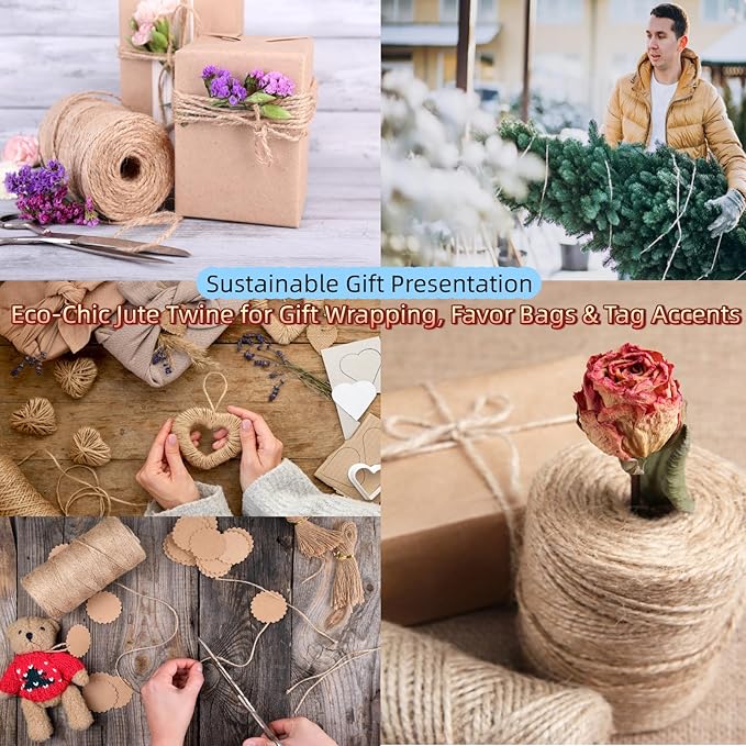 4 Pcs 1312.336 Feet 2mm Brown Jute Twine String - 3 Ply Natural Garden Twine for Plants, Crafts, Gift Wrapping, Packing - Heavy Duty Plant Ties for Tomatoes, Climbing Plants, DIY Projects