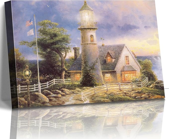 STUDIO HAVEN Thomas Kinkade Canvas Wall Art, Lighthouse Cottage Beacon with American Flag White Fence Ocean Sunset Oil Painting Poster Coastal Wall Decor, Framed Prints for Home Decor, 48x32Inch