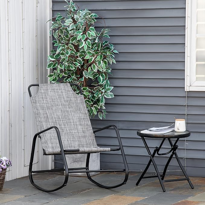 Outsunny Garden Rocking Chair, Outdoor Indoor Sling Fabric Rocker for Patio, Balcony, Porch, Gray and Brown