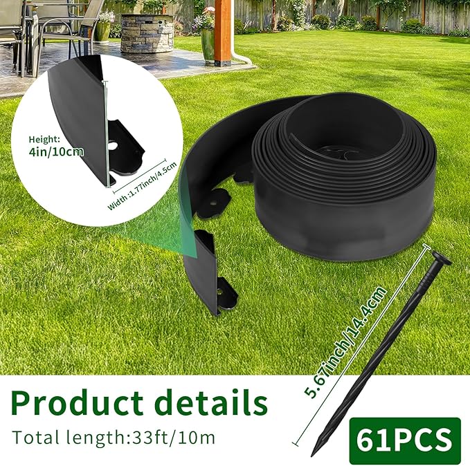 4 in x 33 Ft Garden Landscape Edging, No Dig Garden Edging Border Kit with 61 Pcs Spikes for Flower Bed Lawn Yard Grass Black