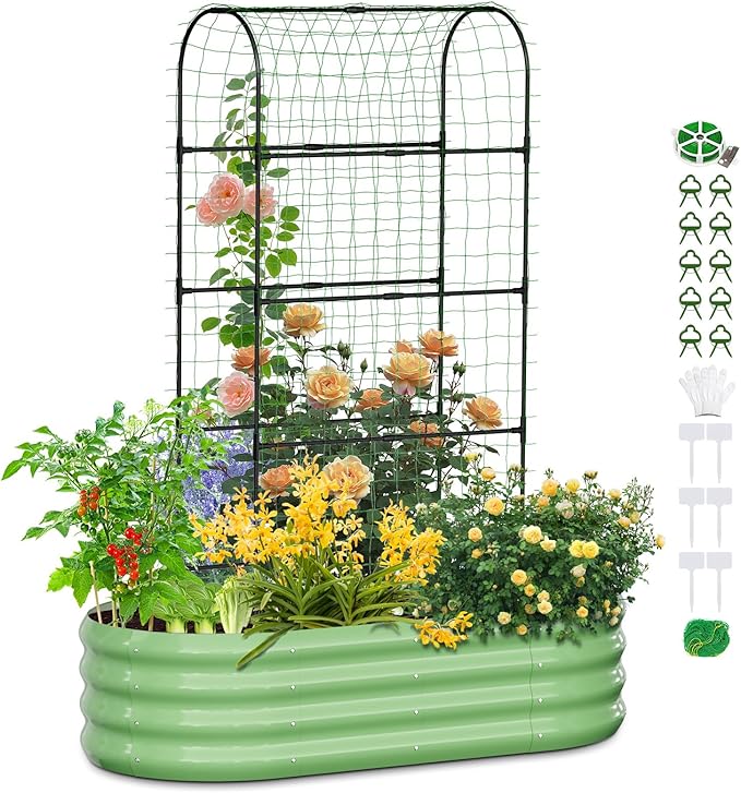 SUNYRISY Galvanized Raised Garden Bed with 71in Arch Trellis for Climbing Plants, Outdoor Planter Box with Climbing Net for Gardening Flowers Vegetables Fruits Herbs, Green