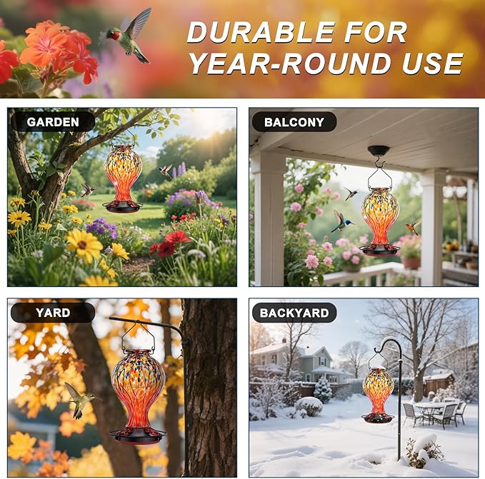 Hummingbird Feeders for Outdoors – Blown Glass Hanging Hummingbird Feeder with Ant Moat, 28 Ounces Large Capacity,Leakproof Wide Mouth, Decorative Bird Feeder for Garden, Yard, Patio, or Window