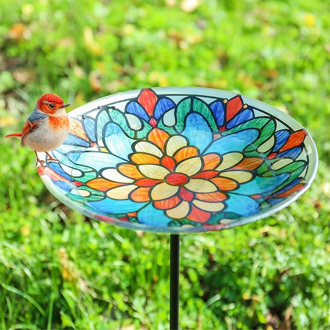 Bird Baths for Outdoors, Glass Birdbaths Outdoor Garden Birdfeeder with Metal Stake for Lawn Yard Decor, 24 Inch Height