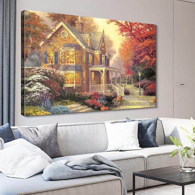STUDIO HAVEN Thomas Kinkade Canvas Wall Art, Autumn Cottage with Glowing Windows Flower Garden Pumpkins and Cat Oil Painting Poster Cozy Fall Wall Decor, Framed Prints for Home Decor, 24x16Inch