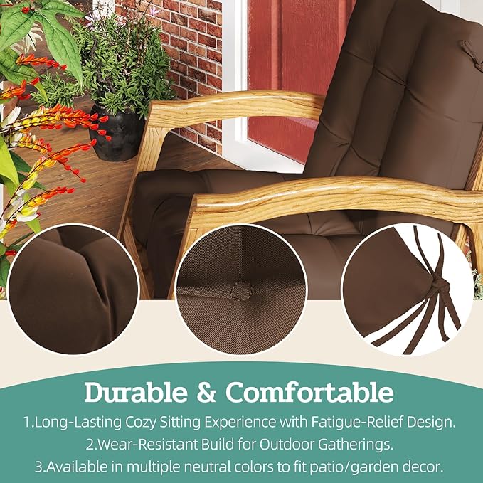 Outdoor Chair Cushions Set of 2, 42x21x4 Inch Patio Cushion for Dining/Rocking Chairs, High Back Soft Seat Pad with Ties, Indoor Outside Use, Fade-Resistant & Waterproof, Brown