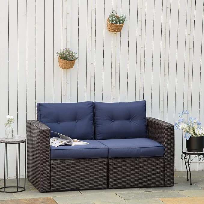 Outsunny 2 Piece Patio Wicker Corner Sofa Set, Outdoor PE Rattan Furniture, with Curved Armrests and Padded Cushions for Balcony, Garden, or Lawn, Dark Blue