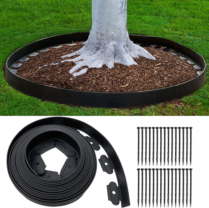 Landscape Edging 33FT, 4IN Tall Garden Edging Border with 50pcs Spikes, Plastic Lawn Edging Kit, Tool-Free Flexible Borders Edging for Garden Flower Beds Tree Surrounds Yard Pathway, Black