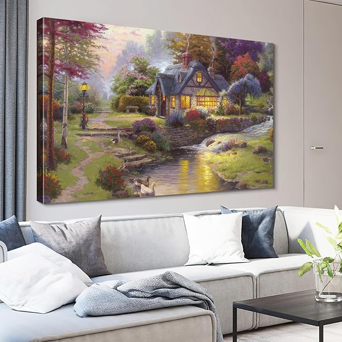 STUDIO HAVEN Thomas Kinkade Canvas Wall Art, Riverfront Cottage Stream with Ducks Stone Path Flower Garden Warm Lights Oil Painting Poster Rustic Wall Decor, Framed Prints for Home Decor, 40x28Inch