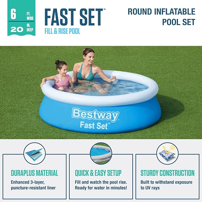 Bestway Fast Set 6 Foot x 20 Inch Round Inflatable Above Ground Outdoor Swimming Pool with 248 Water Capacity and Repair Patch, Blue (Pool Only)
