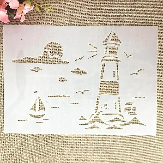 TIAMECH A4 Reusable Lighthouse Sea Sail Stencil for Painting - Beach Sunrise Layering Template, DIY Wall Art, Wood Furniture, Scrapbook & Crafts (8.3x11.7inch)