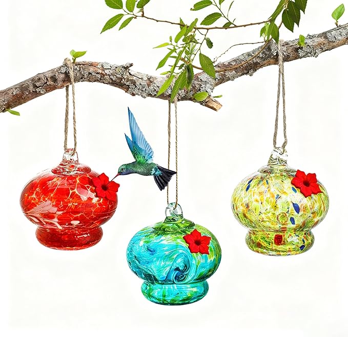 Glass Hummingbird Feeder with Flower Feeding Ports 3in Blown Glass Hummingbird Feeders for Outdoors Backyard Garden Decor Gifts for Women (3pcs)