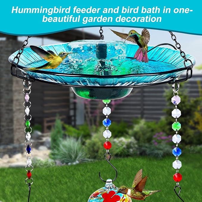 Hummingbird Feeder and Bird Bath for Outdoors 2-in-1 for Small Birds - Hummingbird Bath Fountain with 3 Red Feeder Pots - Hanging Solar Bird Bath Fountains NY1-FN04