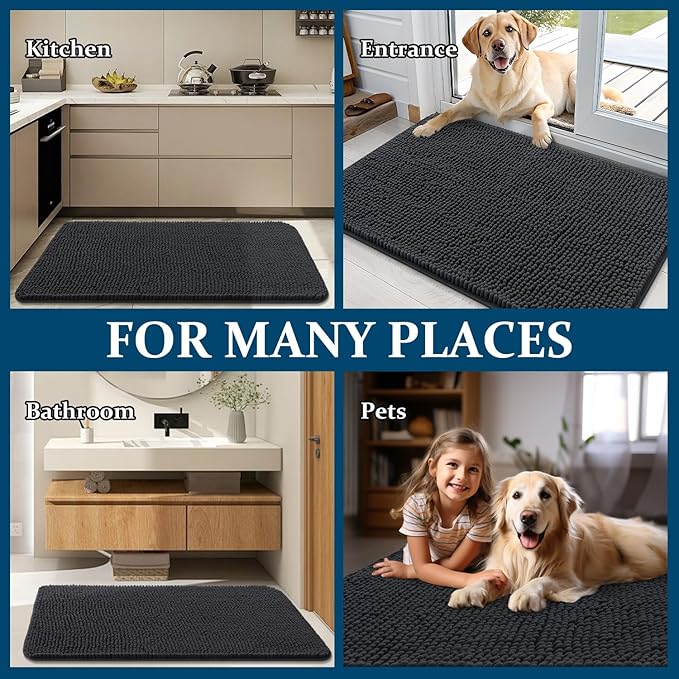 OLANLY Dog Door Mat for Muddy Paws 47x20, Absorbs Moisture and Dirt, Absorbent Non-Slip Washable Doormat, Quick Dry Chenille Mud Mat for Dogs, Entry Indoor Entryway Carpet for Inside Floor, Dark Grey