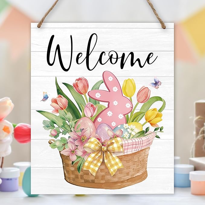 Easter Welcome Sign for Front Door, Welcome Easter Door Sign Decor, Tulip Bunny Rectangle Wood Sign Hanger for Outdoor Farmhouse Garden Porch Home - C05