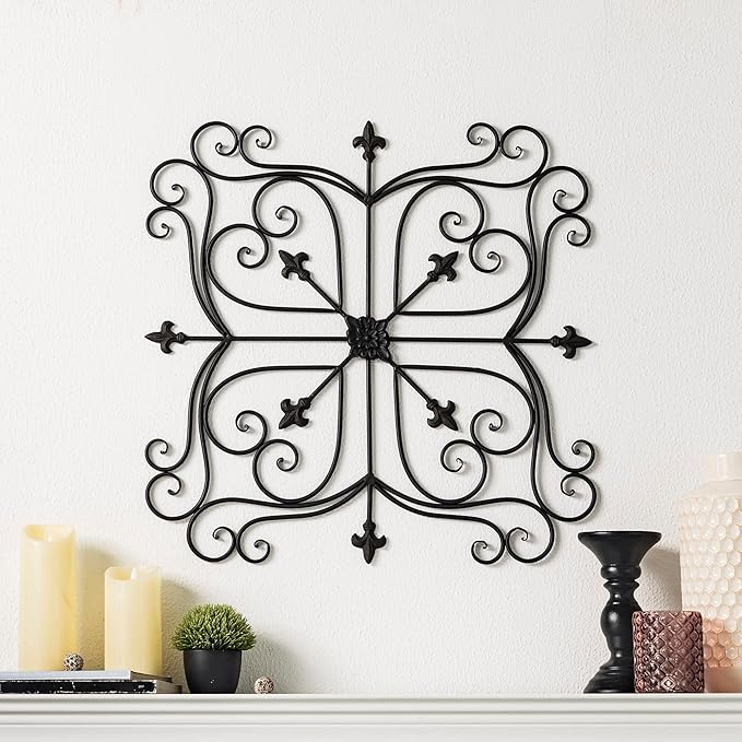 Glitzhome Vintage Wall Decor, Black Artistic Beauty Metal Garden Ornament Powder-Coated Matte Black Finish Charming Fleur-de-lis Outdoor Indoor Decoration