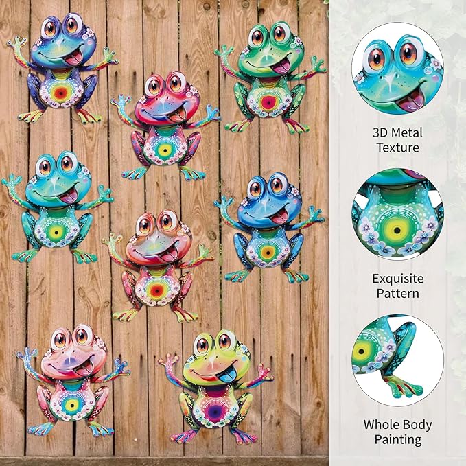 Junware Metal Frog Wall Decor, 8Pcs Frogs Wall Art Sculptures Hanging Sculpture Decoration, Outdoor Fence Arts for Home Garden, Fence, Patio, Yard, Bedroom Outside Gifts for Adults