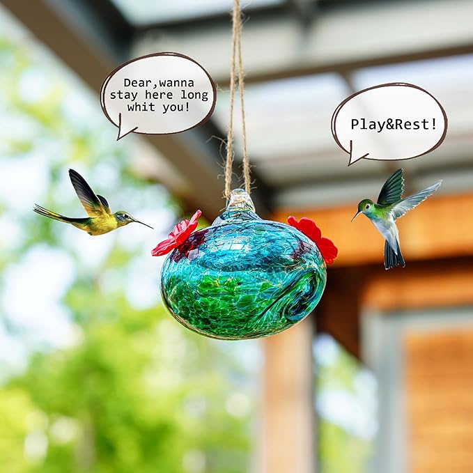 3inch Blown Glass Hummingbird Feeders for Outdoors Small Glass Hummingbird Feeders to Attract Hummingbirds Ant and Bee Resistant Round Feeder Unique Gifts for Woman - 2 Feeding Ports