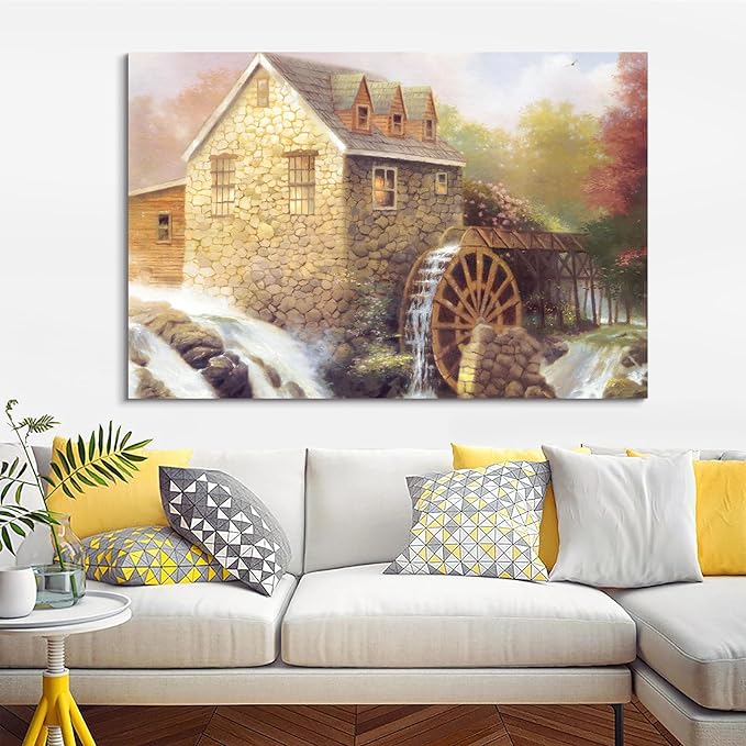 STUDIO HAVEN Thomas Kinkade Canvas Wall Art, Watermill Cottage Wooden Wheel Rushing Stream and Rustic Charm Oil Painting Poster Countryside Wall Decor, Framed Prints for Home Decor, 36x24Inch