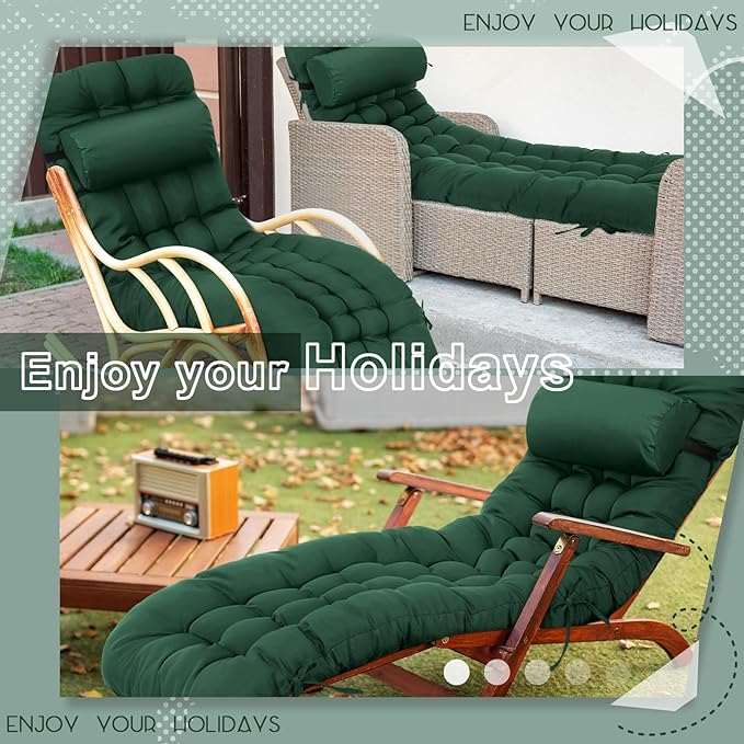 Tudomro 2 Pcs Dark Green 66'' Outdoor Chaise Lounge Cushion Waterproof Patio Lawn Pool Chaise Lounge Cushion with Headrest Pillow & Ties Weather Fade Resistant Replacement Longue Chair Pad