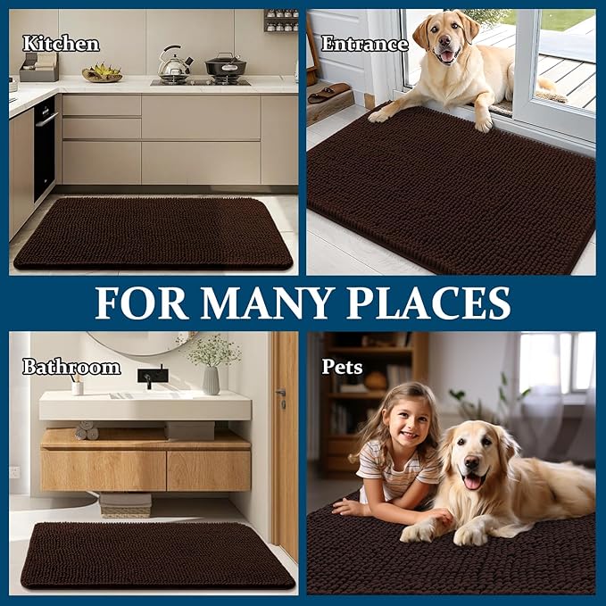 OLANLY Dog Door Mat for Muddy Paws 48x30, Absorbs Moisture and Dirt, Absorbent Non-Slip Washable Doormat, Quick Dry Chenille Mud Mat for Dogs, Entry Indoor Entryway Carpet for Inside Floor, Brown