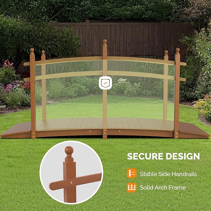 VINGLI Garden Bridge, Classic Wooden Bridge with Safety Rails, Decorative Arhced Footbridge for Patio Pond, Creek, Pathway (Brown, 7.5 ft)