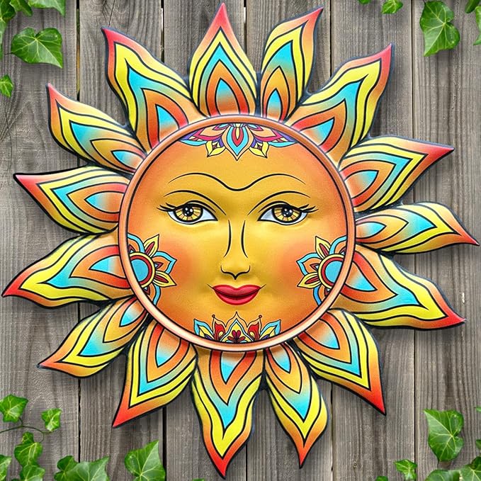 Metal Sun Flower Wall Decor - 13 inches Sun Wall Art Hanging Decorations for Outdoor, Home Garden Yard Patio Fence Bedroom Decor, Gifts for Mom Friends