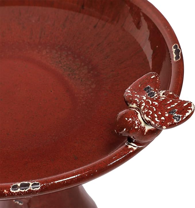 Alpine Corporation 25" Tall Outdoor Antique Ceramic Birdbath with 2 Bird Figurines - Vintage Style Garden Bird Bath Bowl for Patio, Yard, Lawn Decor, Red