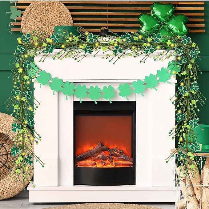 6.5 Ft St.Patrick's Day Garland Lucky Shamrock Vine Wreath Artificial Green Clover St Patrick's Day Hanging Wreath Garland for Front Door Arch Wall Irish Festival Party Decoration