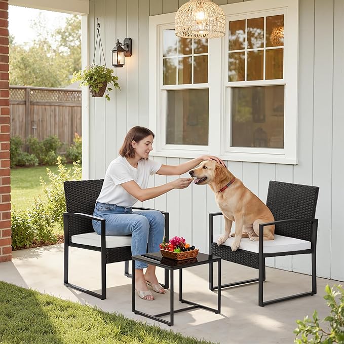 Greesum 3 Piece Wicker Conversation Bistro Sets Outdoor Patio Set Modern Rattan Chair Furniture Sets with Coffee Table for Yard Garden Porch Lawn (White)