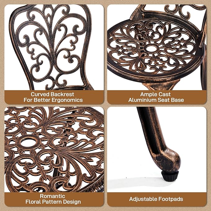 VINGLI 3 PCS Outdoor Bistro Set, Outdoor Patio Set, All-Weather Cast Aluminum Bistro Table Set, Bistro Table and Chairs Set of 2 for Backyard, Garden, Balcony (Bronze, Butterfly)