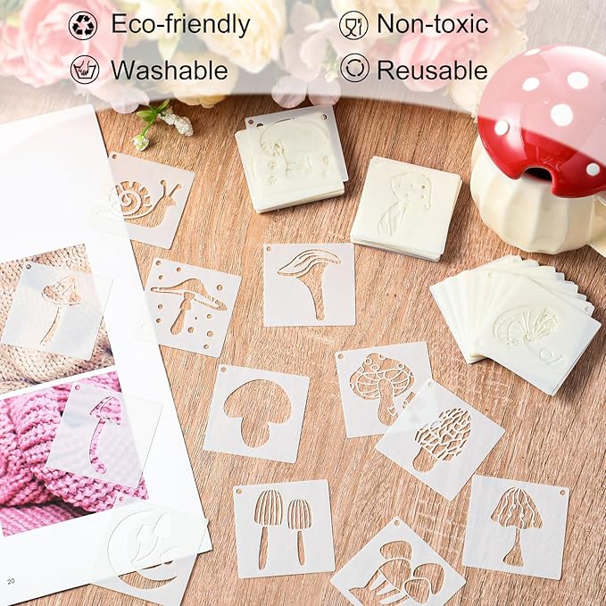 Fainne 100 Pcs 2 Inch Stencils Small Stencils for Painting on Wood Reusable Painting Templates Crafts for DIY Scrapbook, Wood, Wall, Fabric, Rock, Chalkboard, Sign(Mushroom)