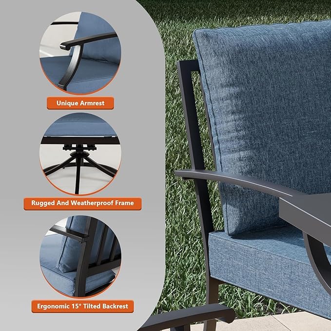 Kullavik 7 PCS Outdoor Dining Table Set for 6,Fence Pattern Back Chairs,Iron Longboard X-Leg Table w/Parasol Hole,Patio Furniture Set for Backyard,Garden,Poolside-Navy Blue