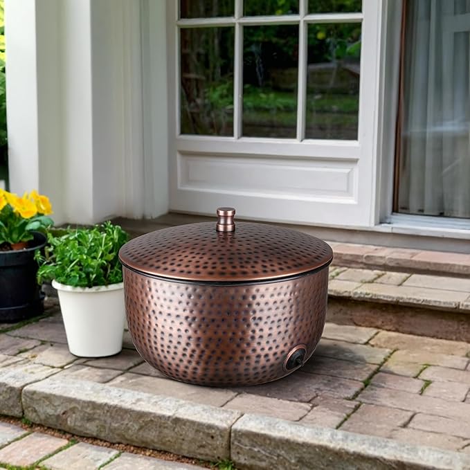 Monarch Abode Garden Hose Holder with Lid – Decorative Water Hose Holders for Outside, Hand Hammered Metal Antique Copper Pot with Drainage, 100ft Waterhose Holder for Outside, Garden Storage Caddy