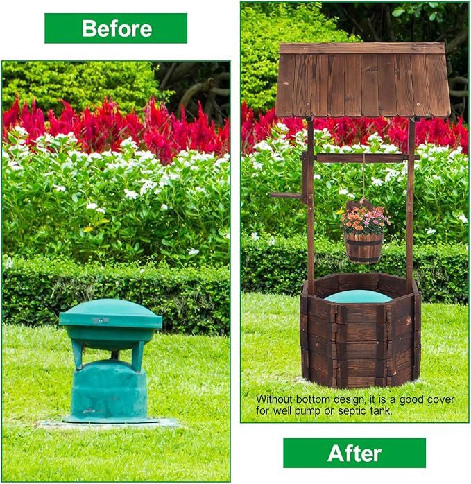 VINGLI Wooden Wishing Well and Garden Bridge Bundle for Outdoor Rustic Wedding Garden Decor Country Theme Style, Ornamental Landscaping Art Project Barrel Planter and Wooden Bridge Set for Backyard