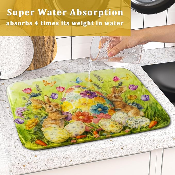 Easter Dish Drying Mat for Kitchen Counter Spring Bunny Microfiber Countertop Mat Small