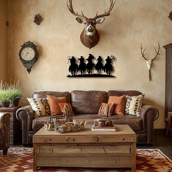 LIYAOLI 3D Vintage Western Wall Decor,Black Metal Cowboy Wall Art Hanging Riding Rustic Cowboys Party Decorations Farmhouse Home Decor,Metal Wall Sculptures for Living Room,Bedroom